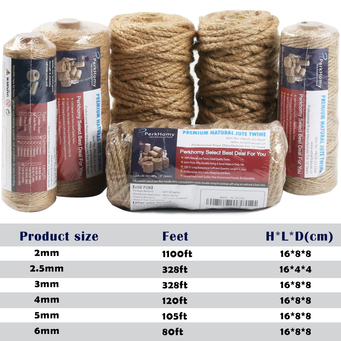 PerkHomy Natural Jute Twine 600 Feet Long Twine String for Crafts Gift Wrapping Packing Gardening Crochet Knitting Macrame Decor (Brown 2mm * 600feet)