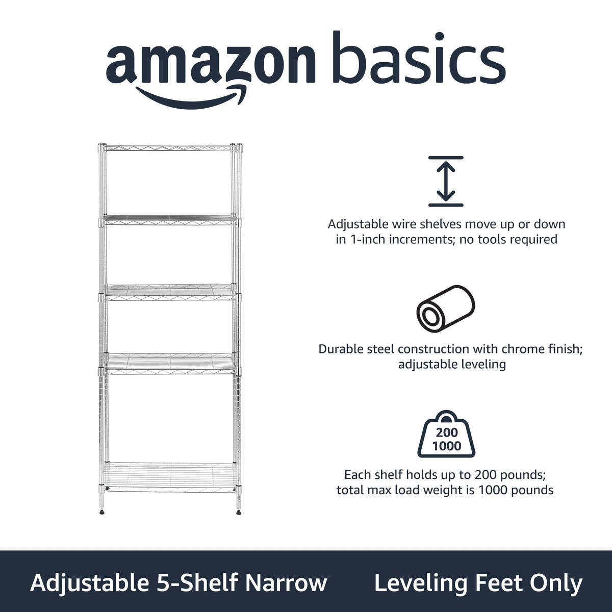 Amazon Basics 5-Shelf Adjustable Heavy Duty Steel Wire Storage Shelves for Garage