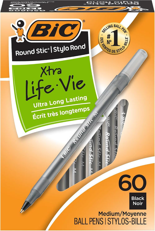 BIC Round Stic Xtra Life Ballpoint Pen, Ultra Long Lasting and Consistent Ink Flow, 60-Count in Black Ink Father Jim Norris notebooks