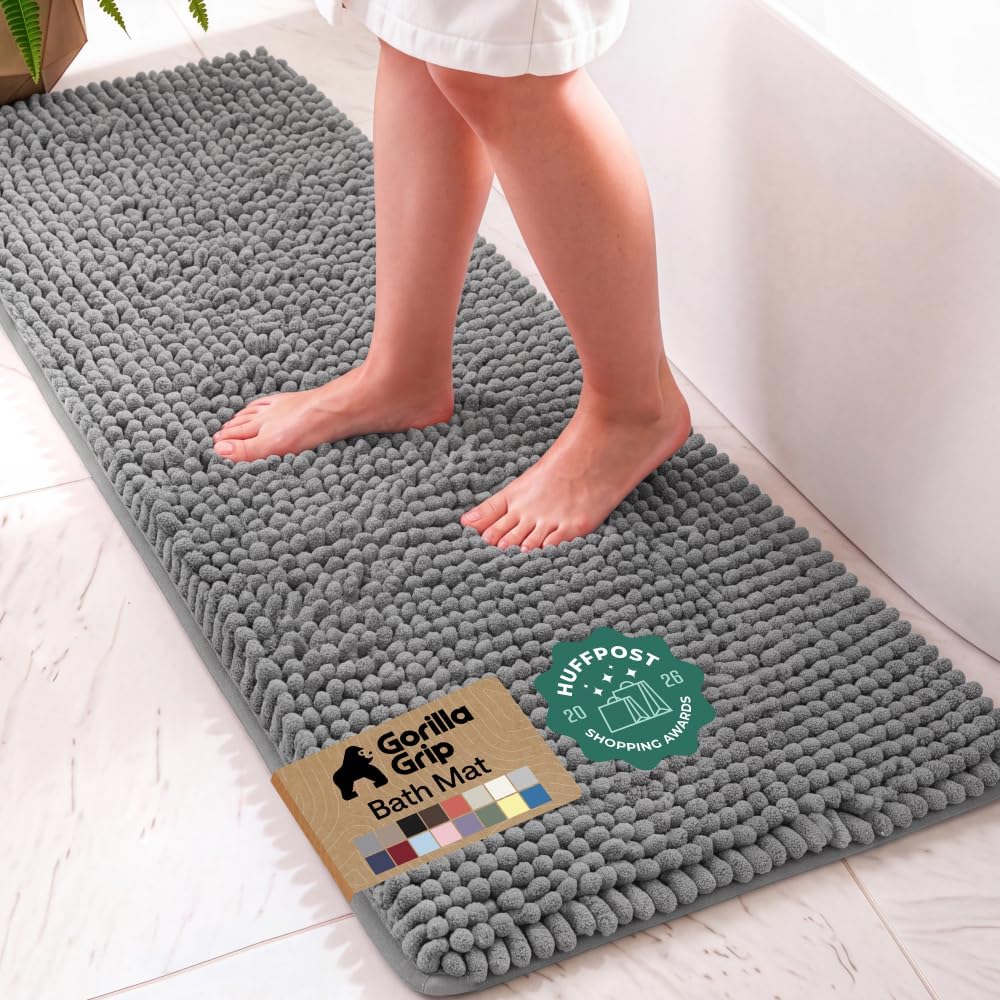 GORILLA GRIP Bath Rug Mat for Bathroom, Absorbent Chenille, 24x17 Gray