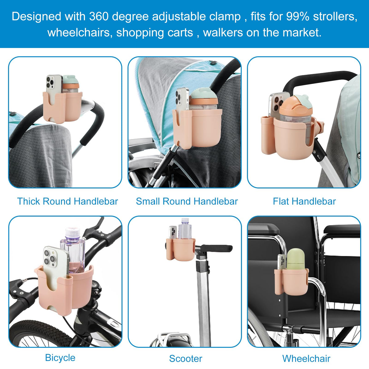 Accmor Stroller Cup Holder with Phone Holder, Bike Cup Holder, Walker Scooter Wheelchair Cup Holder Attachment, Universal Cup Holder for Uppababy Graco Strollers