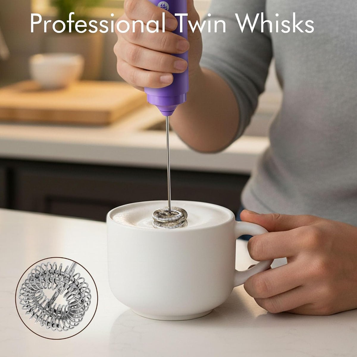 Rechargeable Milk Frother Handheld, 2-IN-1 Dual Spring Whisk Electric Frother Wand