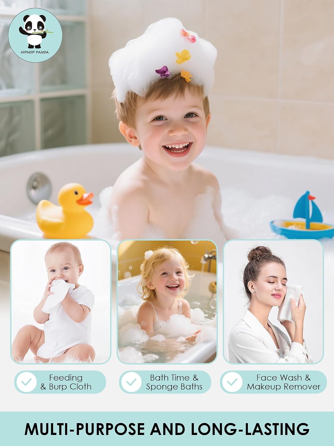 HIPHOP PANDA Ultra Soft Baby Washcloths, 2-Layer Absorbent Wash Cloths