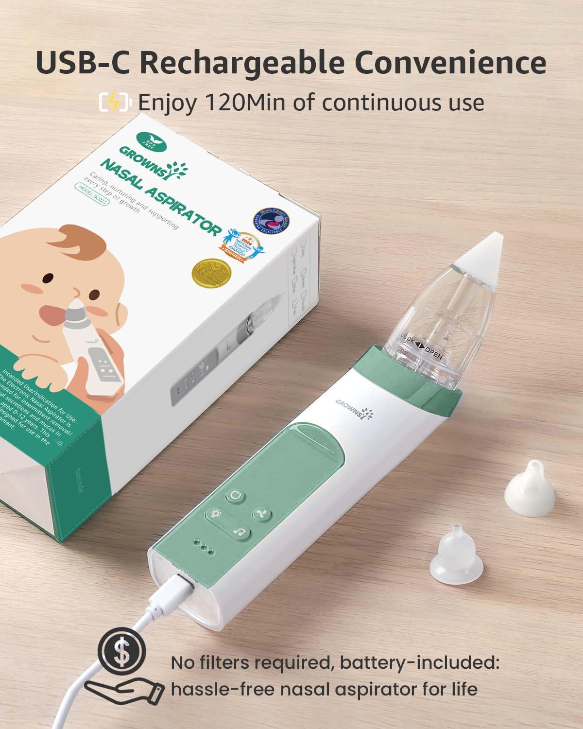 GROWNSY Baby Nasal Aspirator, Electric Nose Sucker, Powerful Suction,Grey