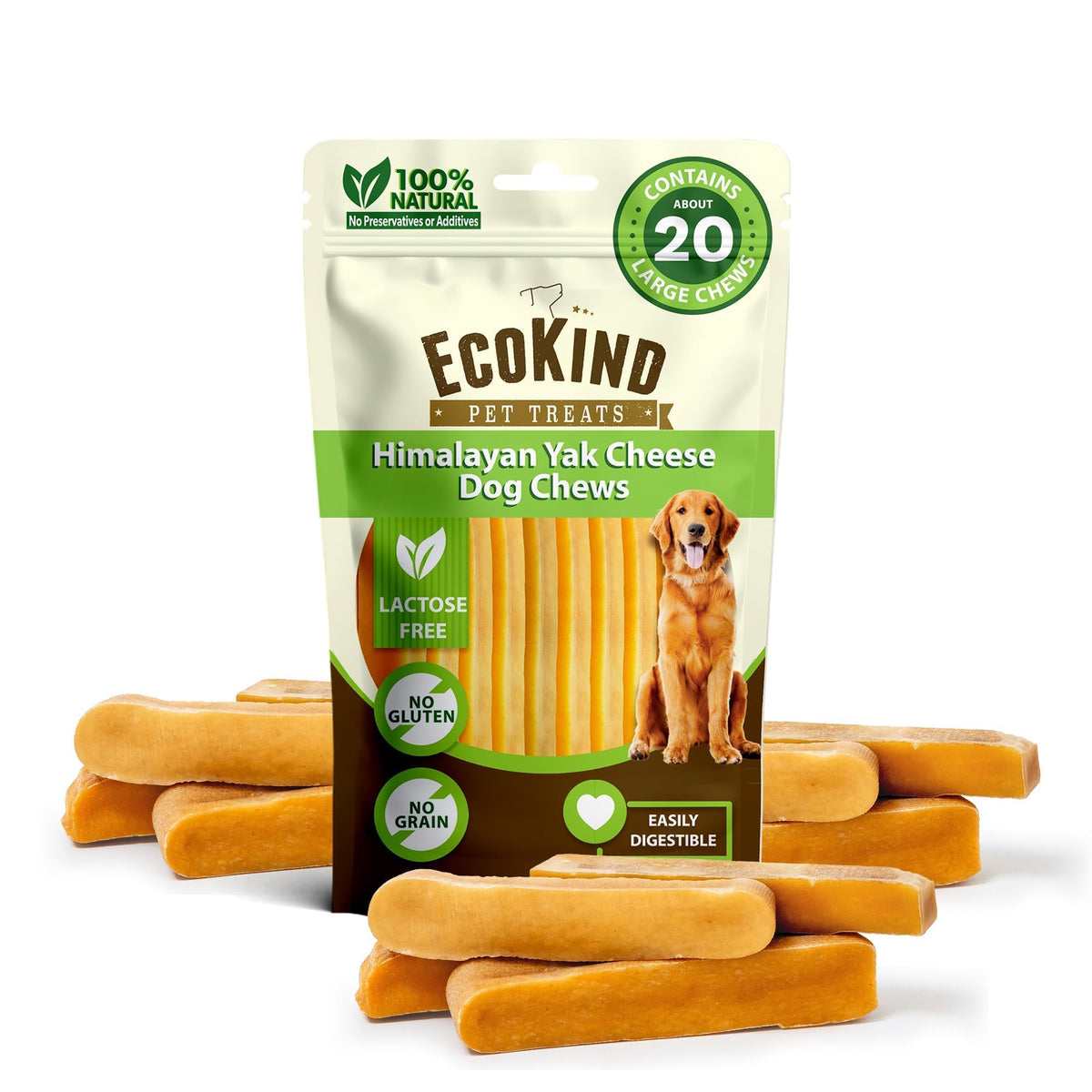 EcoKind Yak Cheese Himalayan Dog Chews, Yak Chews for Large Dogs, 4-5 Bones