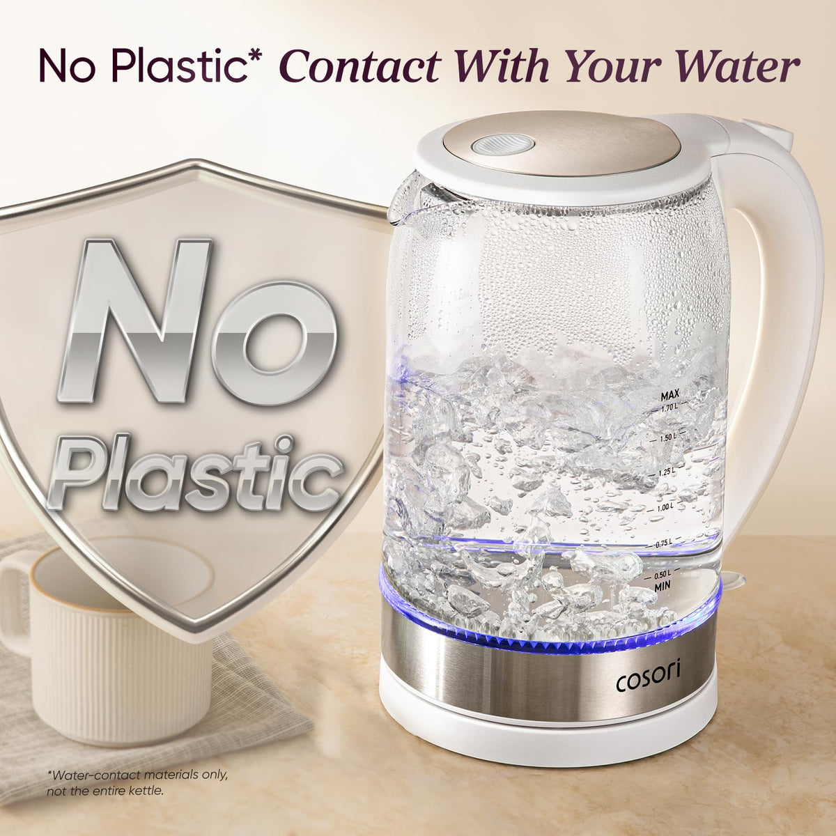 Cosori Electric Kettle, No Plastic Contact with Water, 1.7L, Black