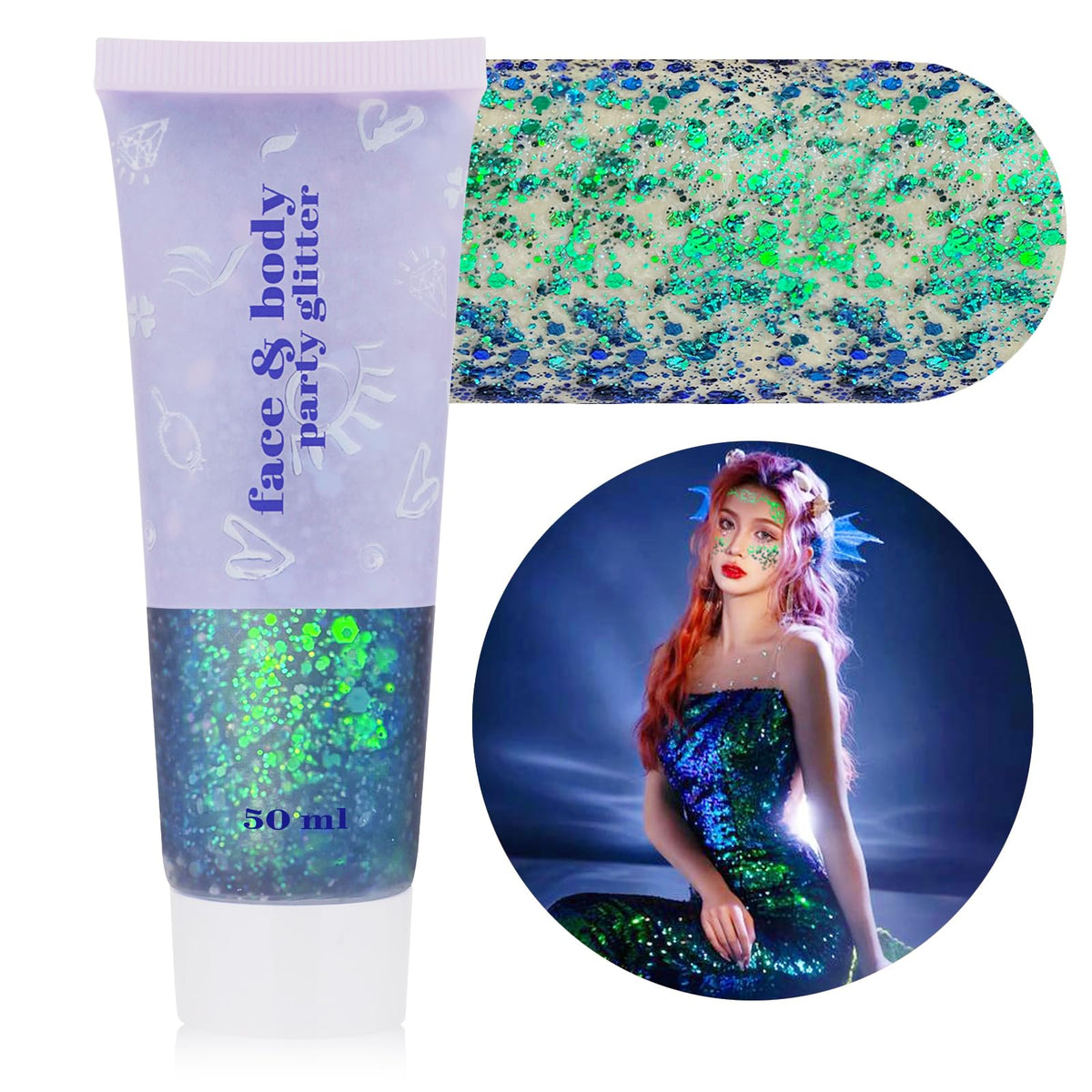 Clear White Face Body Glitter Gel, Halloween Mermaid Fairy Hair Glitter Makeup for Kids