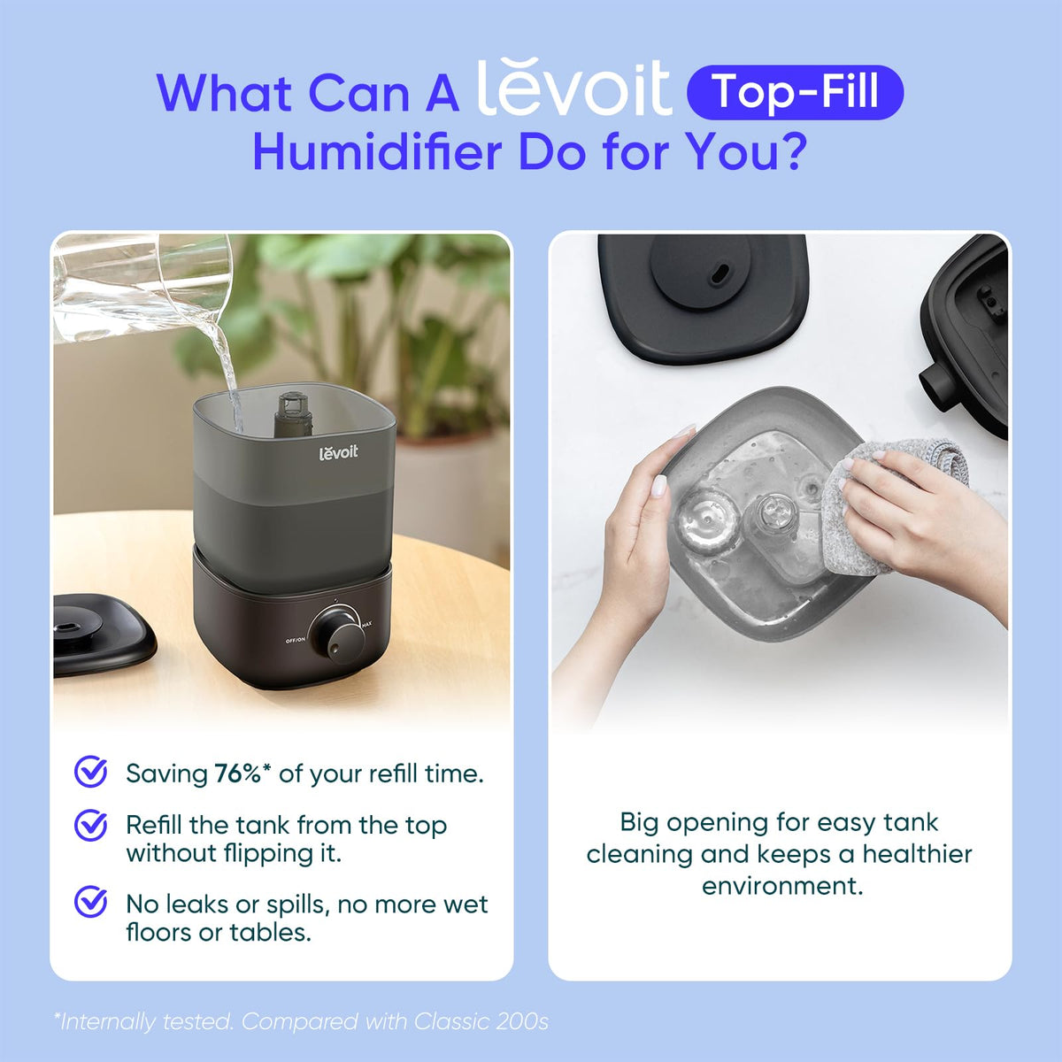 Levoit Humidifiers for Bedroom, Dishwasher Safe, Blue Light-Safe, 3.2L