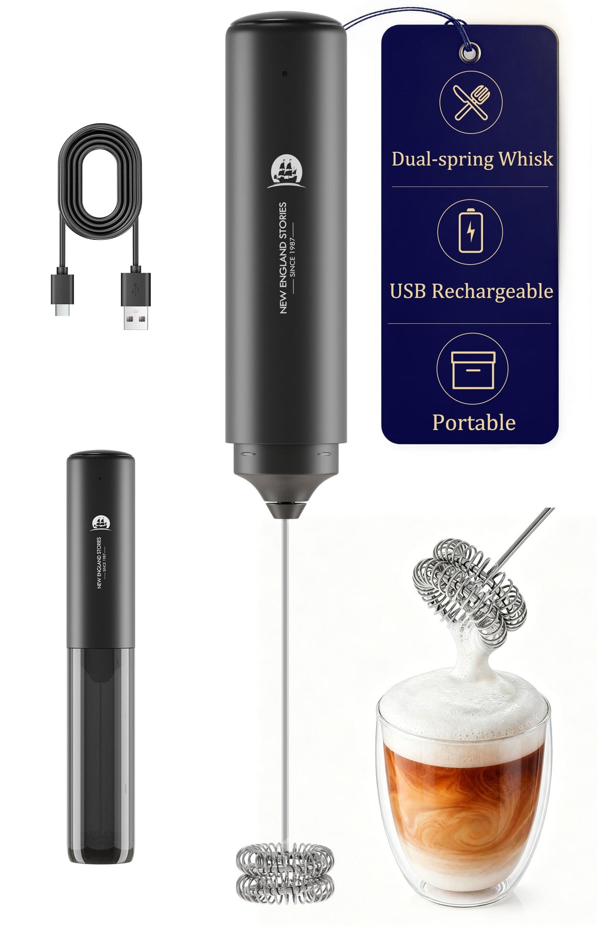 Rechargeable Milk Frother Handheld, 2-IN-1 Dual Spring Whisk Electric Frother Wand