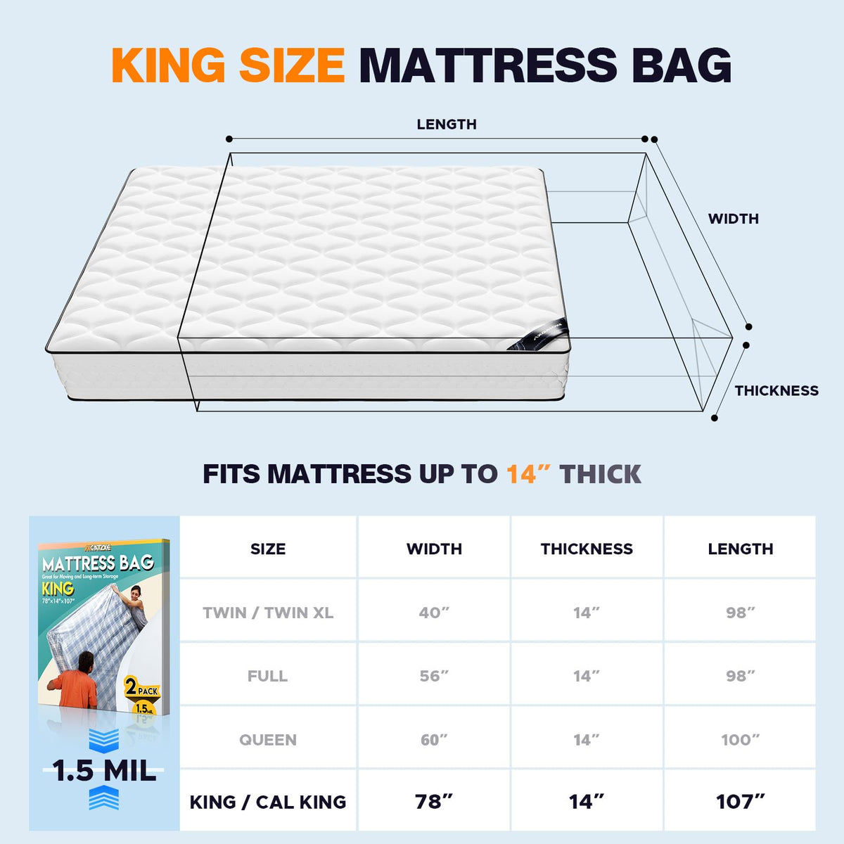 Plastic Mattress Bag for Moving Storage, King Size (1.5MIL)