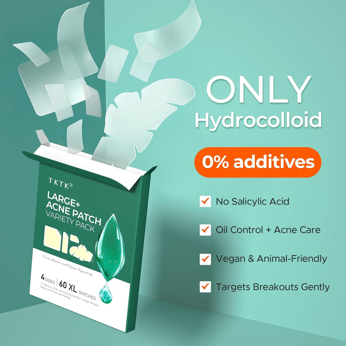TKTK Large Hydrocolloid Pimple Patches for Acne Breakouts, 4 Big Sizes