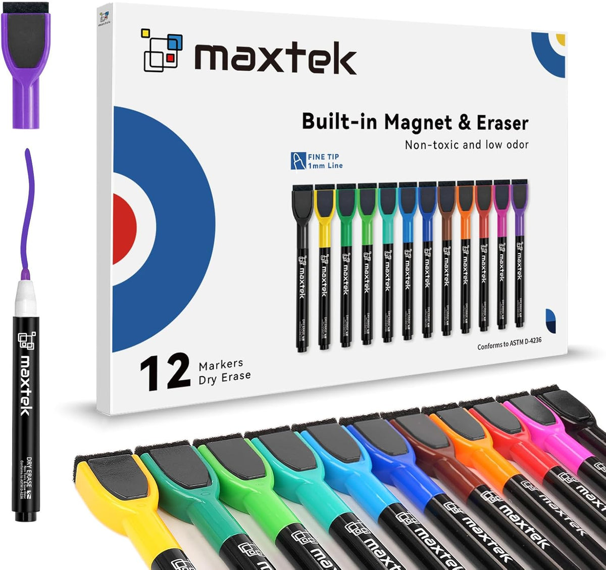 maxtek Magnetic Whiteboard Markers - 12 Count Colorful Fine Tip Dry Erase Markers with Eraser for Kids, Low Odor Thin Markers for Calendar Boards Father Jim Norris notebooks