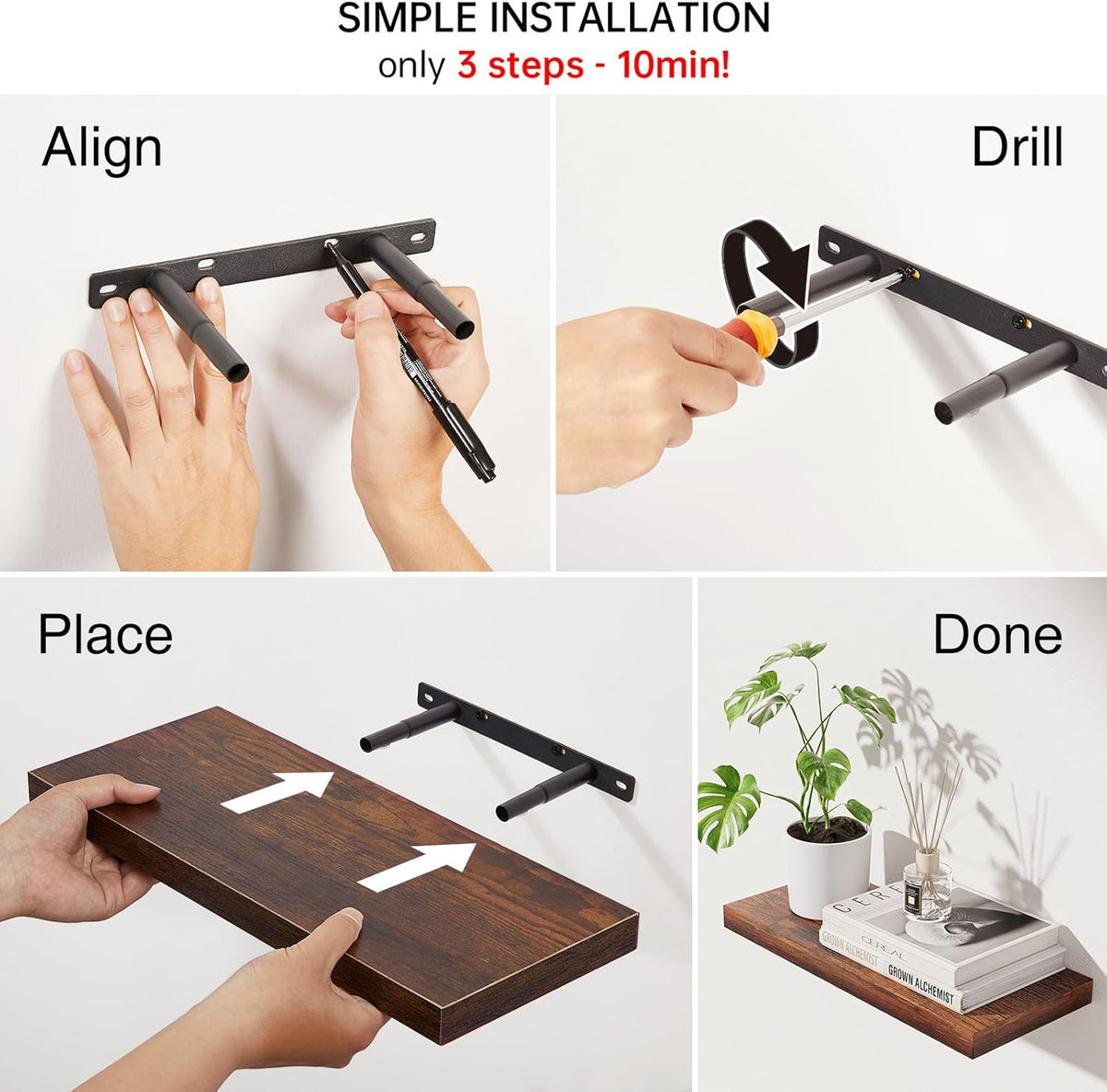 BAYKA Rustic Brown Bathroom Floating Shelves, 15.7in, 3Pk, Wall Mount Shelf