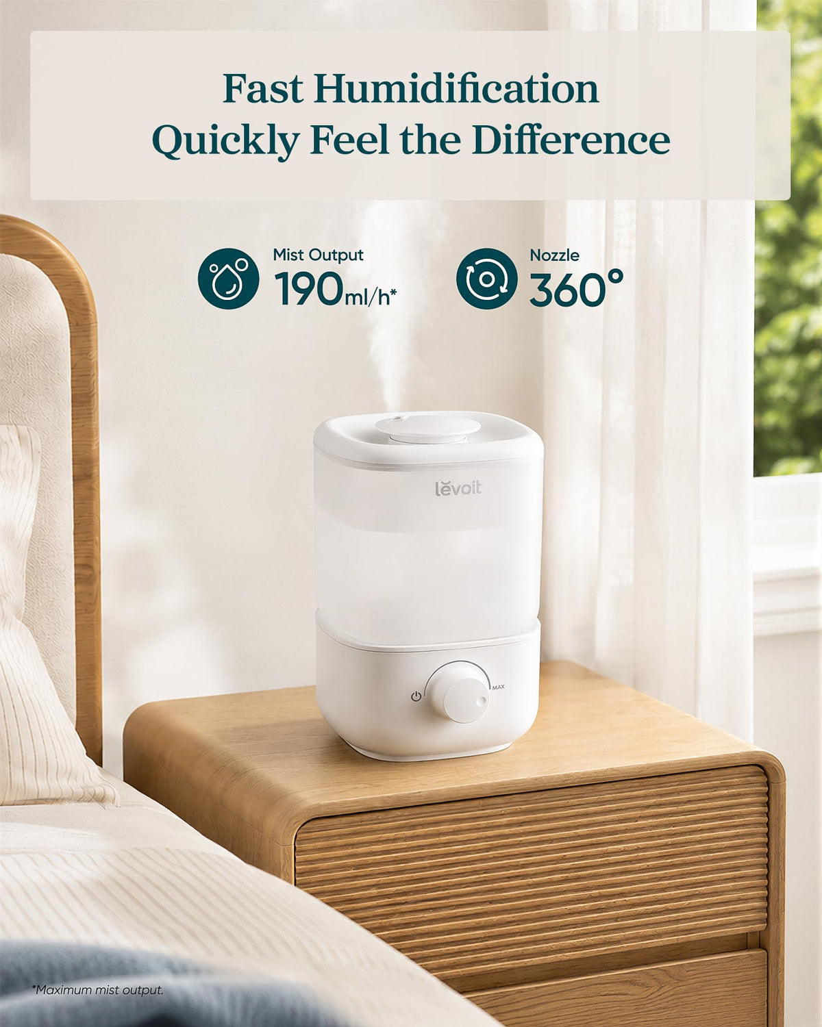 Levoit Humidifiers for Bedroom, Dishwasher Safe, Blue Light-Safe, 3.2L