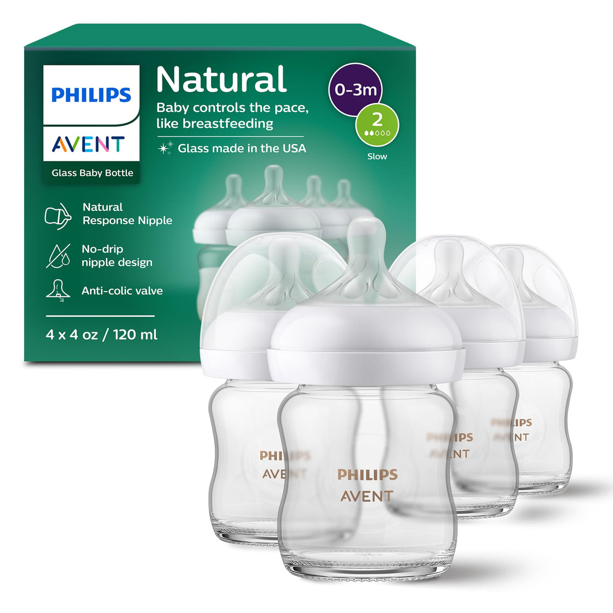 Philips Avent Natural Glass Baby Bottles, Medium Flow, 8 oz, BPA-Free