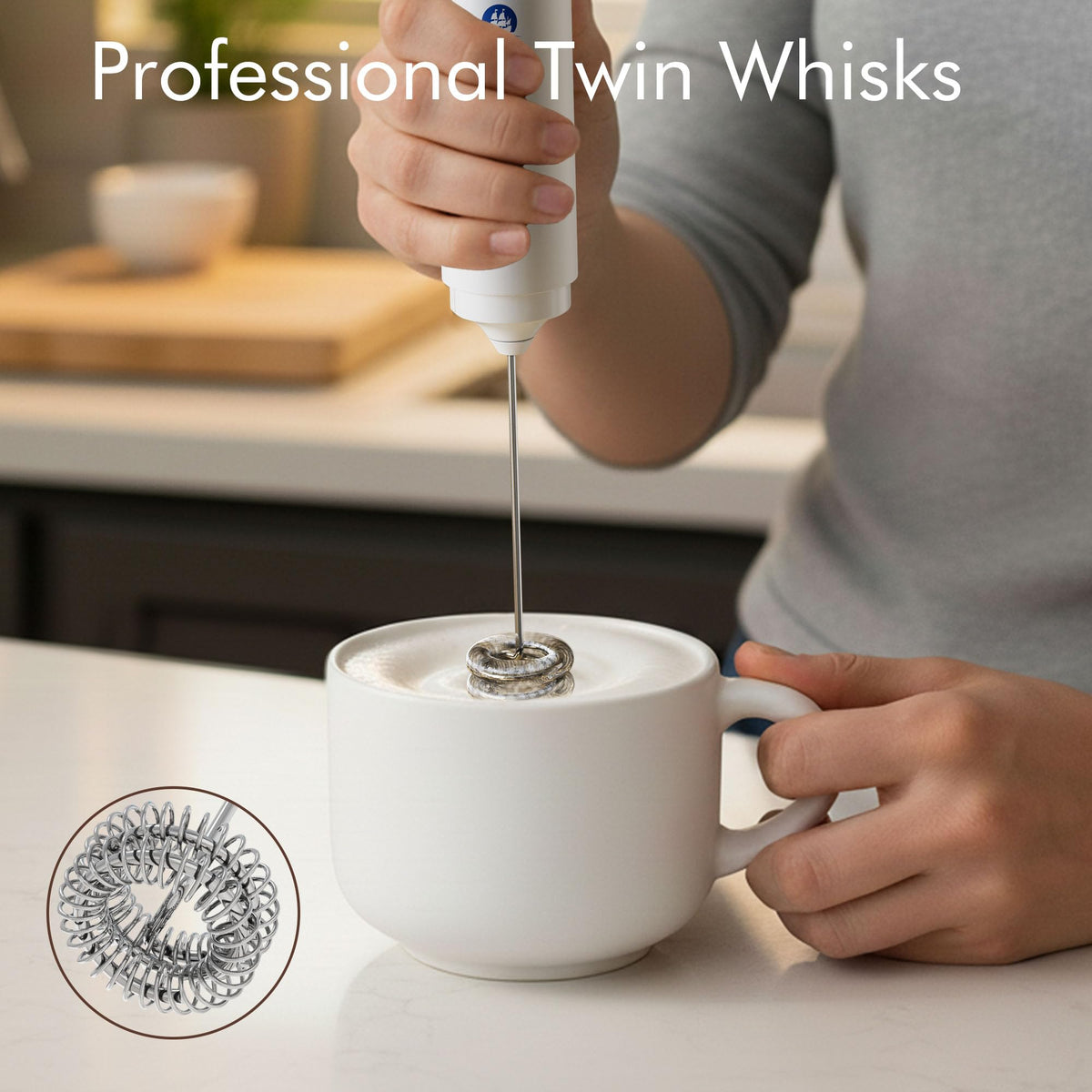Rechargeable Milk Frother Handheld, 2-IN-1 Dual Spring Whisk Electric Frother Wand