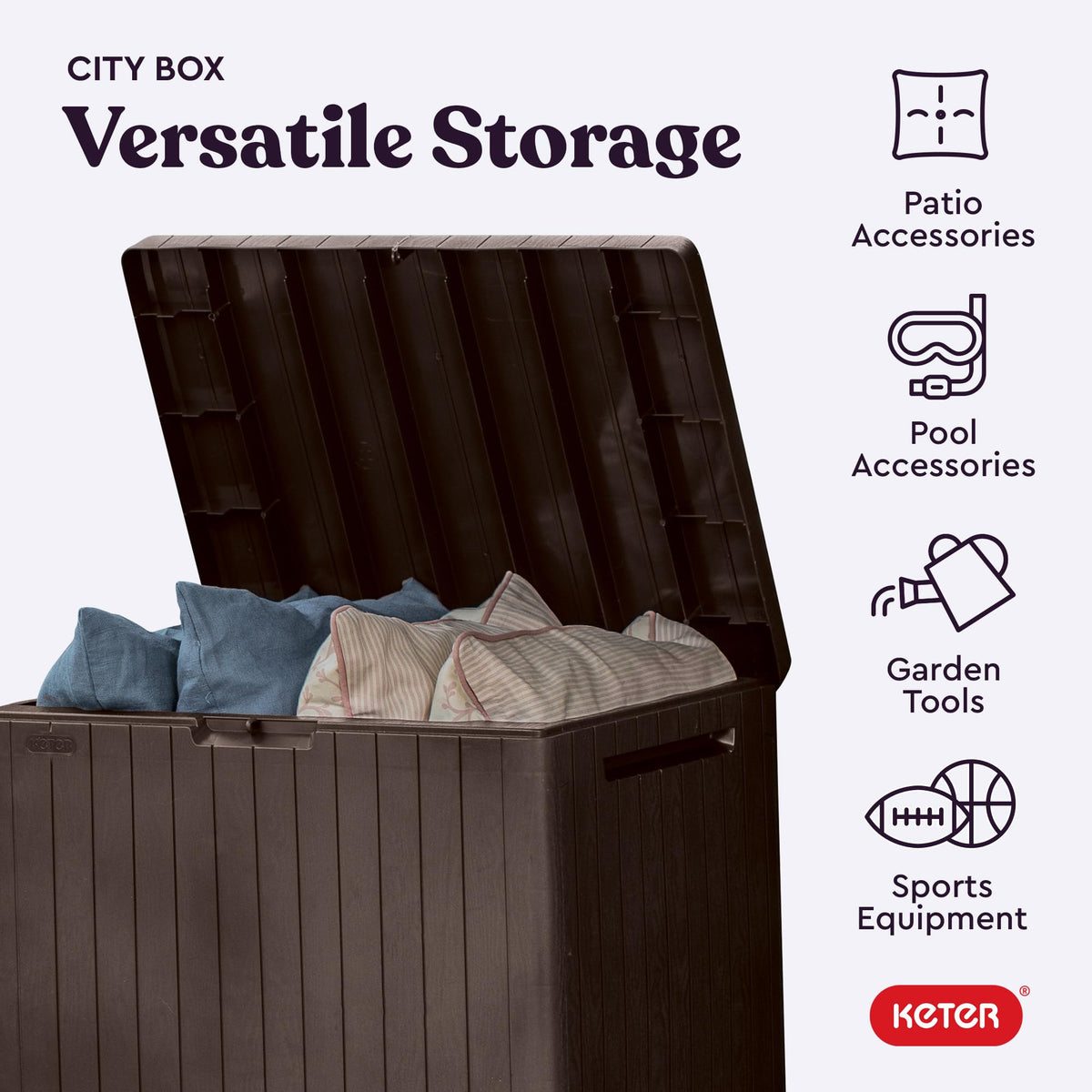 Keter City 30 Gal Outdoor Storage Box and Patio Side Table Father Jim Norris notebooks