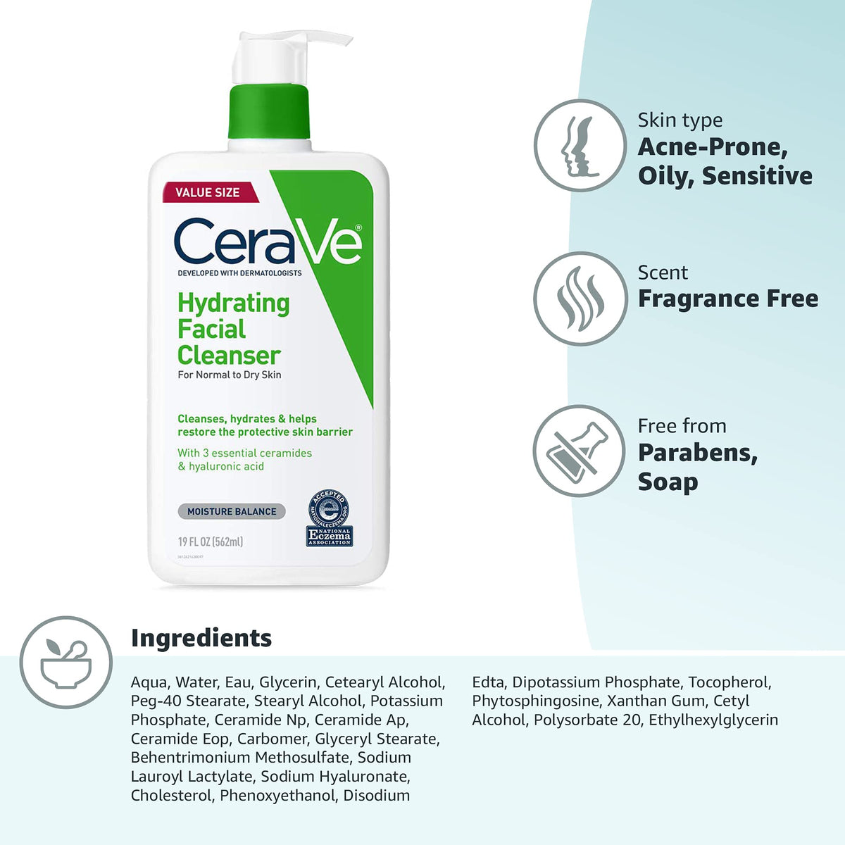 CeraVe Hydrating Cleanser with Hyaluronic Acid, Gentle Face Cleanser,16oz