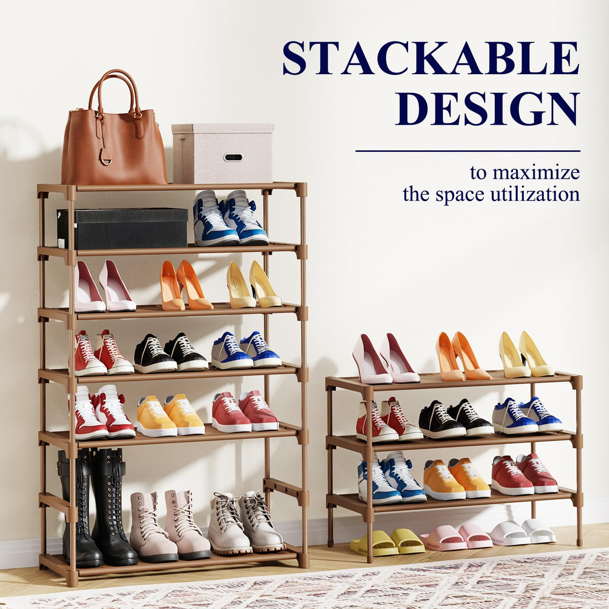 Kitsure Shoe Rack - Non-Woven Shoe Rack Shelf, Shoe Organizer for Closet, Entryway, Garage & Corridor, Stackable Shoe Shelves, 27.5" Wide - 2 Tier, Black
