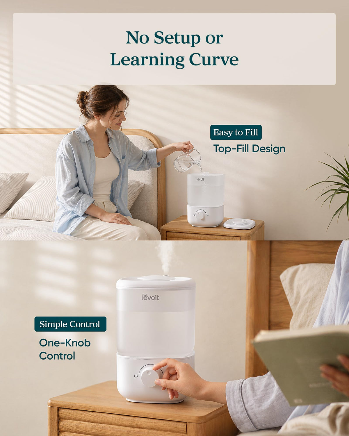 Levoit Humidifiers for Bedroom, Dishwasher Safe, Blue Light-Safe, 3.2L