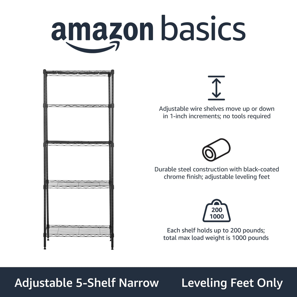 Amazon Basics 5-Shelf Adjustable Heavy Duty Steel Wire Storage Shelves for Garage