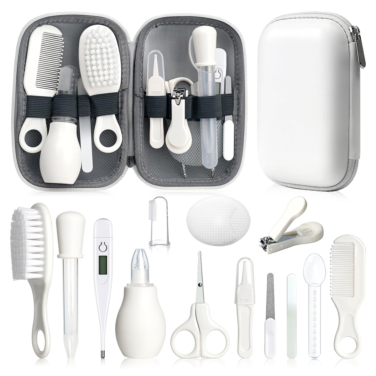 Baby Grooming Kit, Infant Safety Care Set with Hair Brush Comb Nail Clipper Nasal Aspirator,Baby Essentials Kit for Newborn Girls Boys (Grey White)