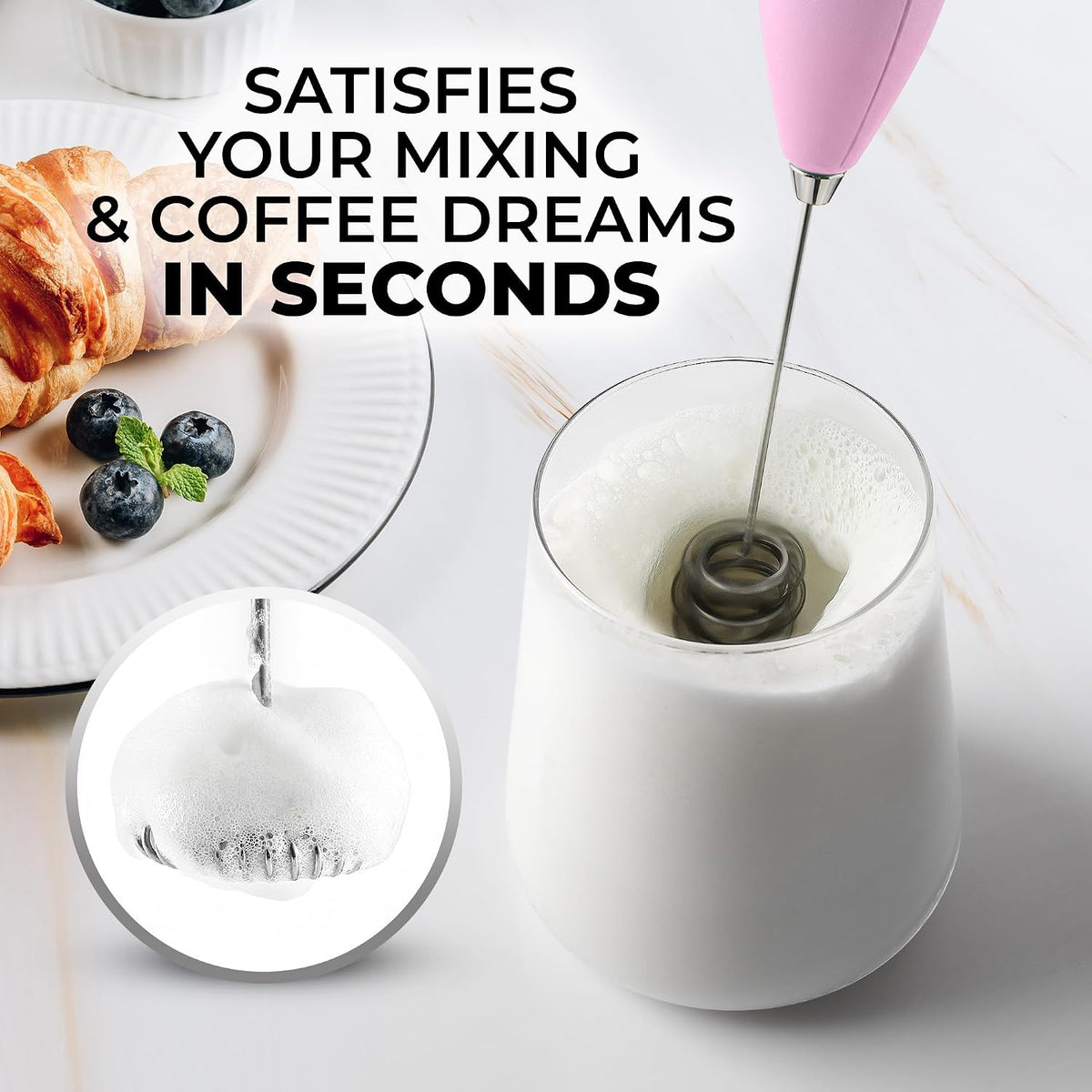 Zulay Kitchen Powerful Milk Frother Wand With Duracell Batteries - Ultra Fast Handheld Drink Mixer - Electric Whisk Foam Maker for Coffee, Lattes, Cappuccino & Matcha - Triple Whisk - Queen Turquoise