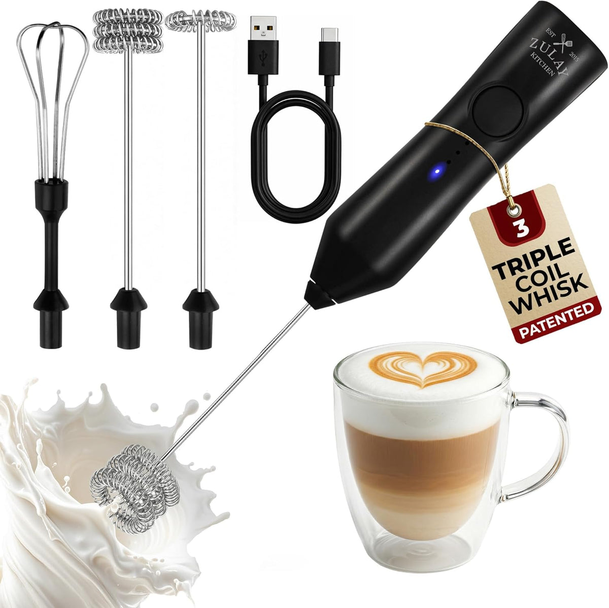 Zulay Kitchen Powerful Milk Frother Wand With Duracell Batteries - Ultra Fast Handheld Drink Mixer - Electric Whisk Foam Maker for Coffee, Lattes, Cappuccino & Matcha - Triple Whisk - Queen Turquoise