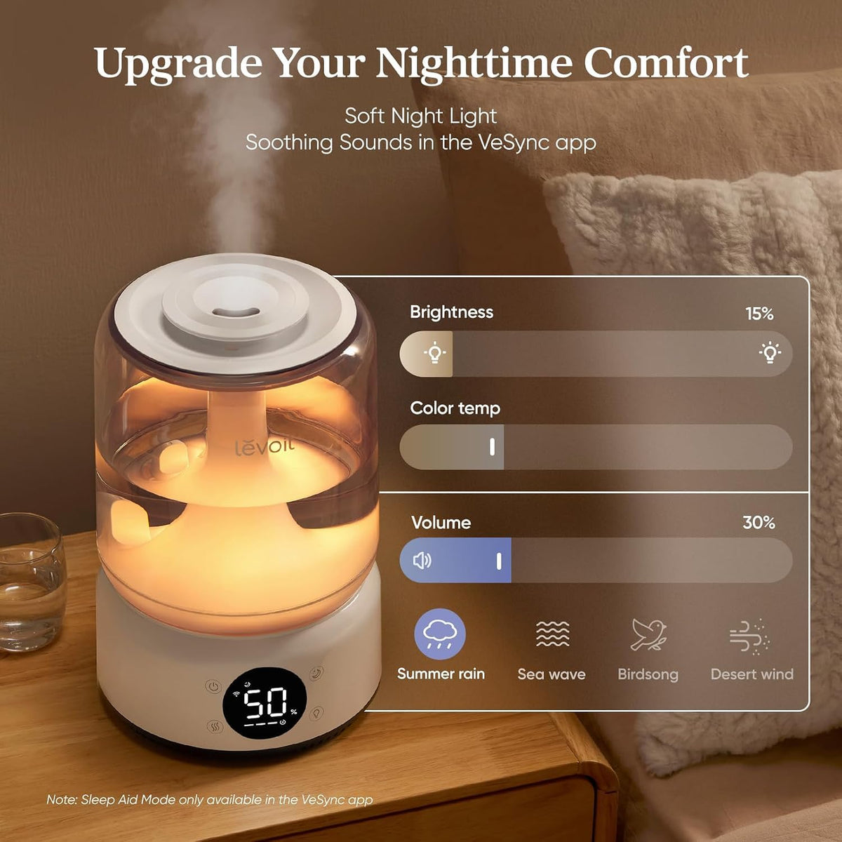 Levoit Humidifiers for Bedroom, Dishwasher Safe, Blue Light-Safe, 3.2L
