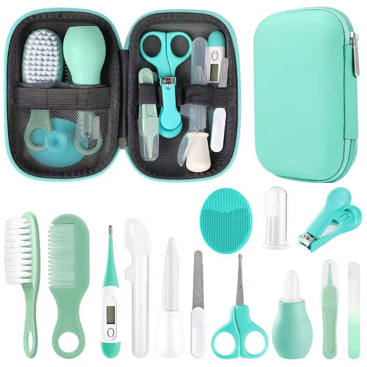 Baby Grooming Kit, Infant Safety Care Set with Hair Brush Comb Nail Clipper Nasal Aspirator,Baby Essentials Kit for Newborn Girls Boys (Grey White)