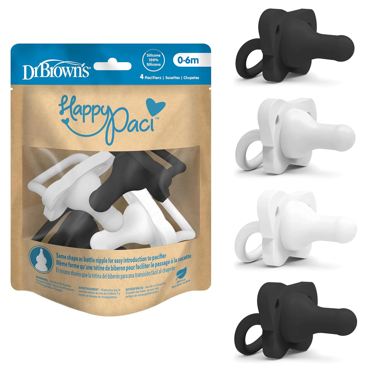 Dr. Brown's HappyPaci Baby Pacifier, Gray, Green, Ecru, 0-6m, 4-Pack