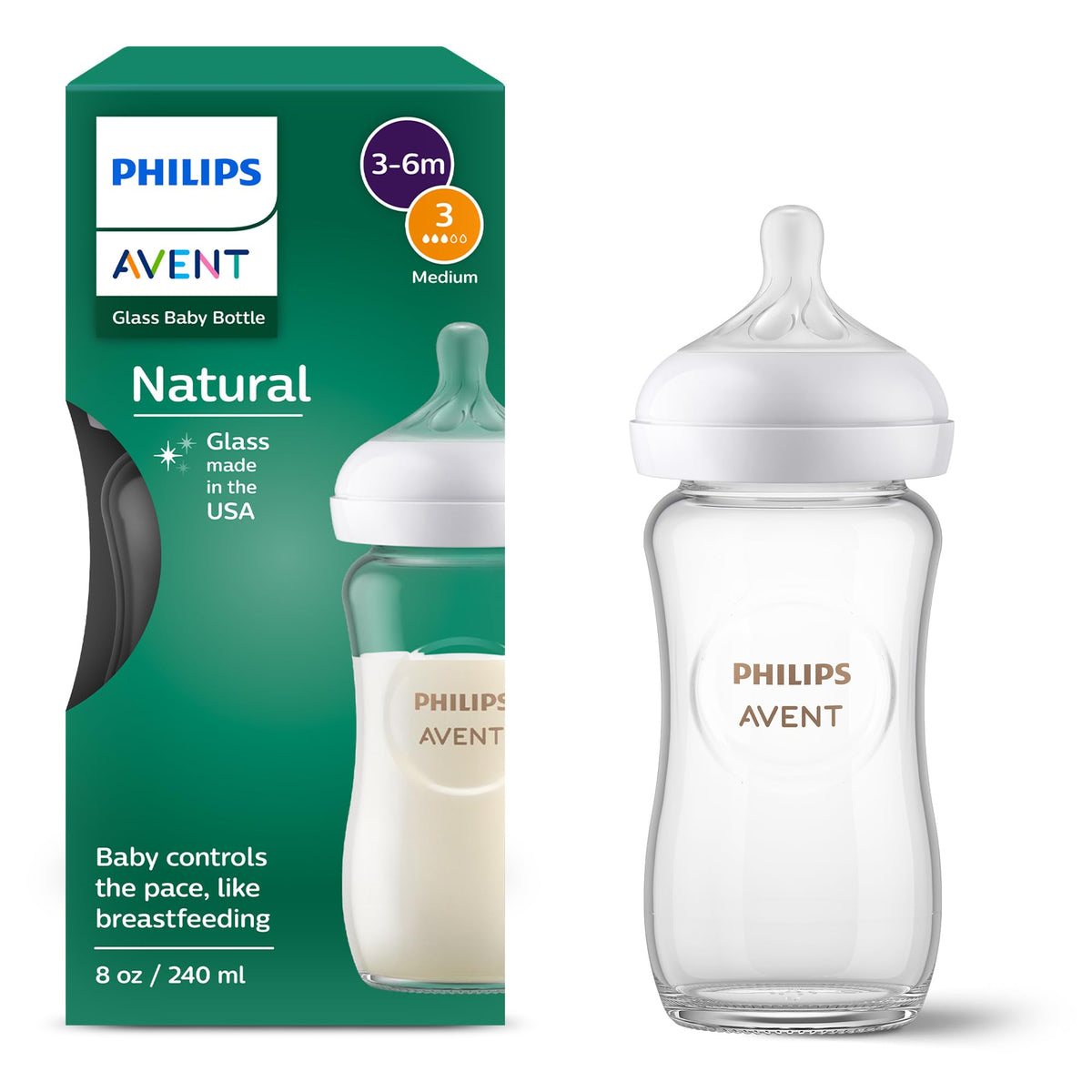 Philips Avent Natural Glass Baby Bottles, Medium Flow, 8 oz, BPA-Free