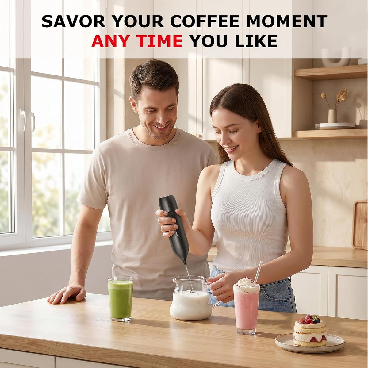 Bonsenkitchen Milk Frother for Coffee, Battery Operated, Black