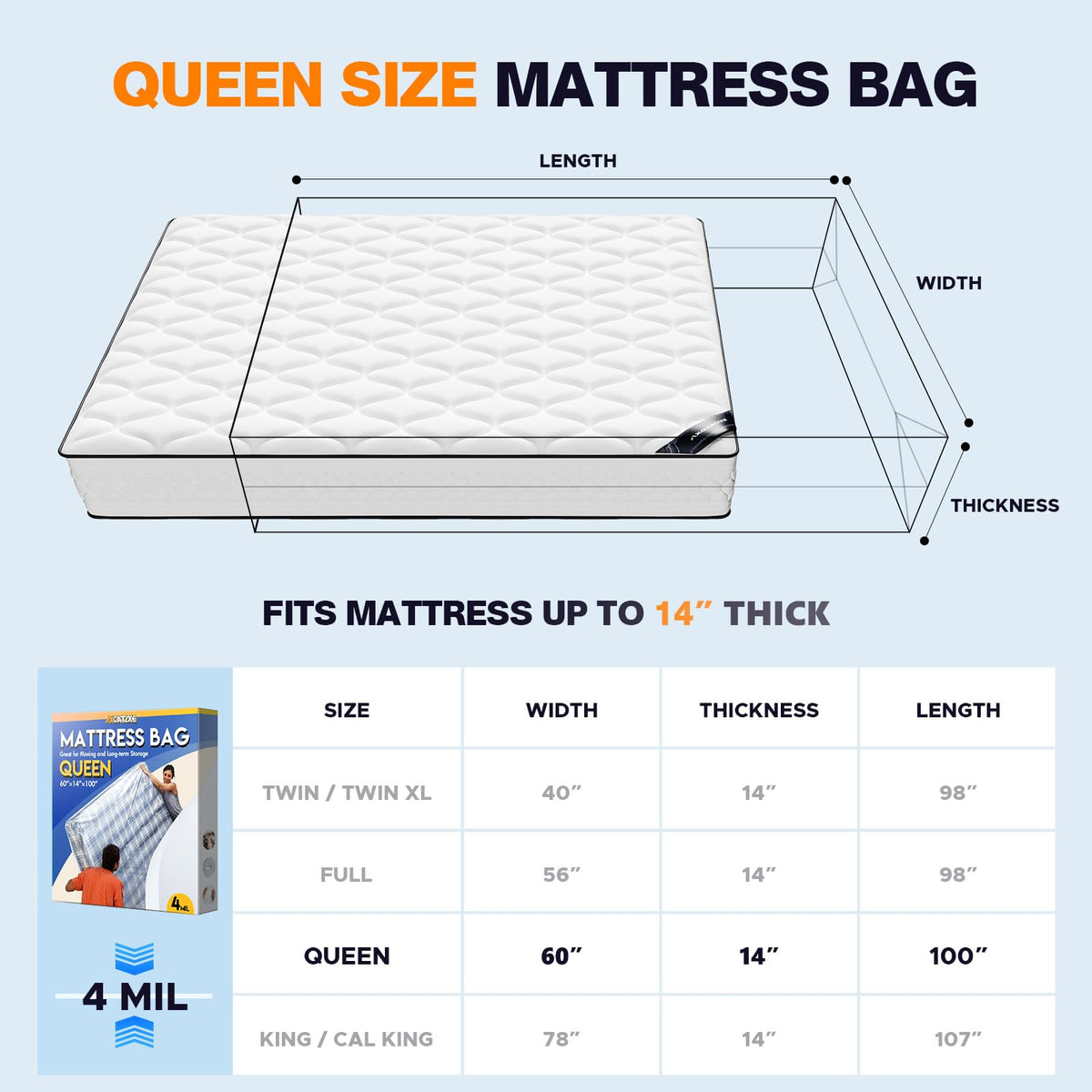 Plastic Mattress Bag for Moving Storage, King Size (1.5MIL)