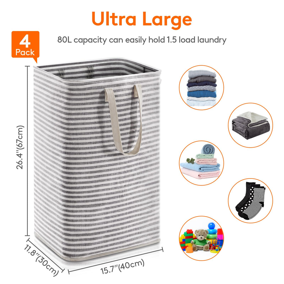 Lifewit 80L Large Laundry Baskets, Laundry Hampers Bags, 2 Pack, Grey