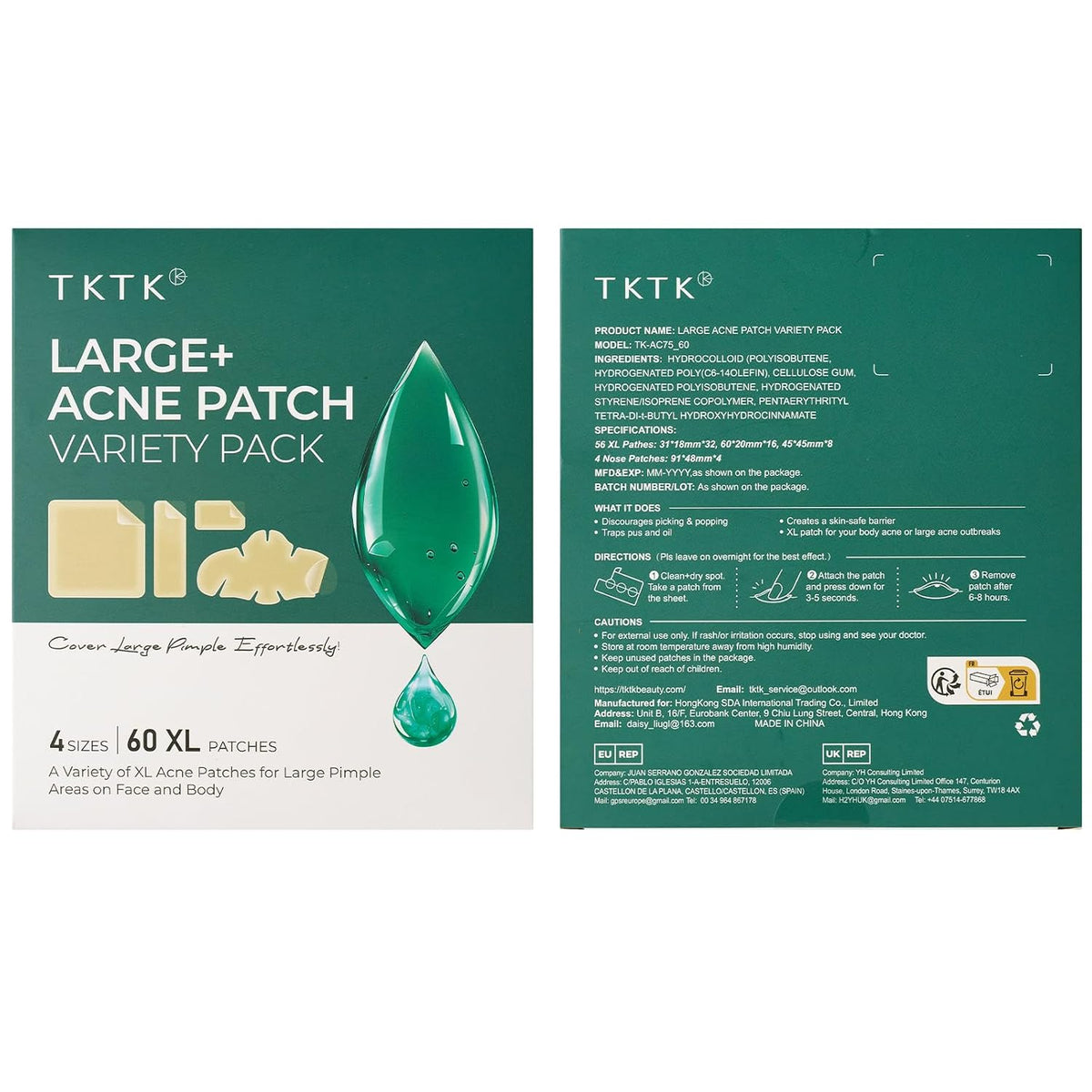 TKTK Large Hydrocolloid Pimple Patches for Acne Breakouts, 4 Big Sizes