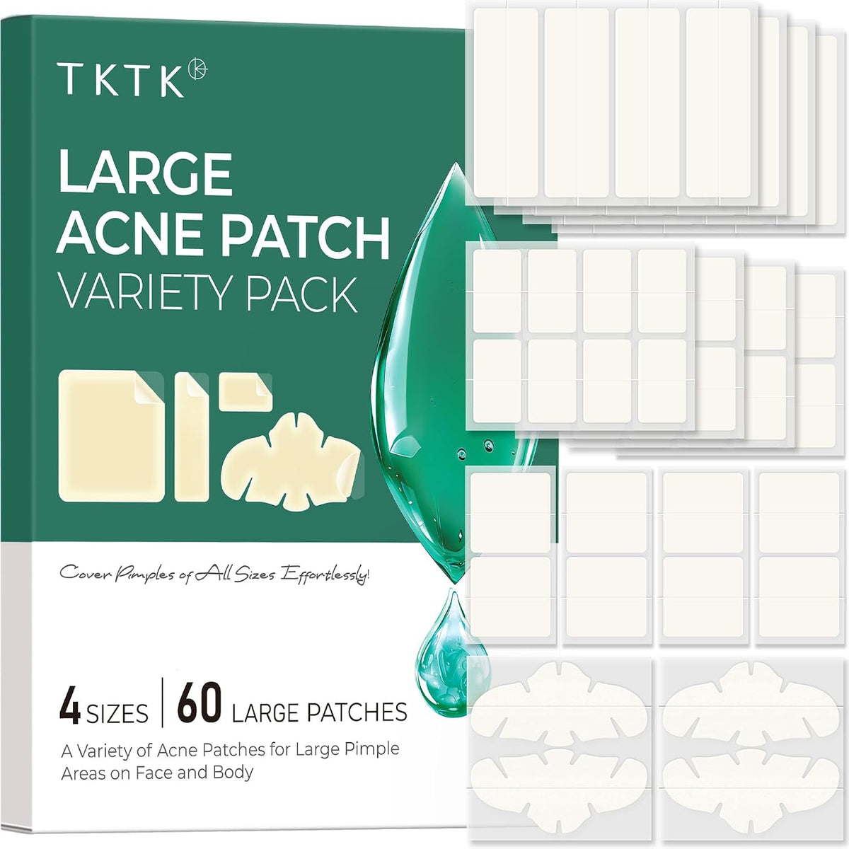 TKTK Large Hydrocolloid Pimple Patches for Acne Breakouts, 4 Big Sizes