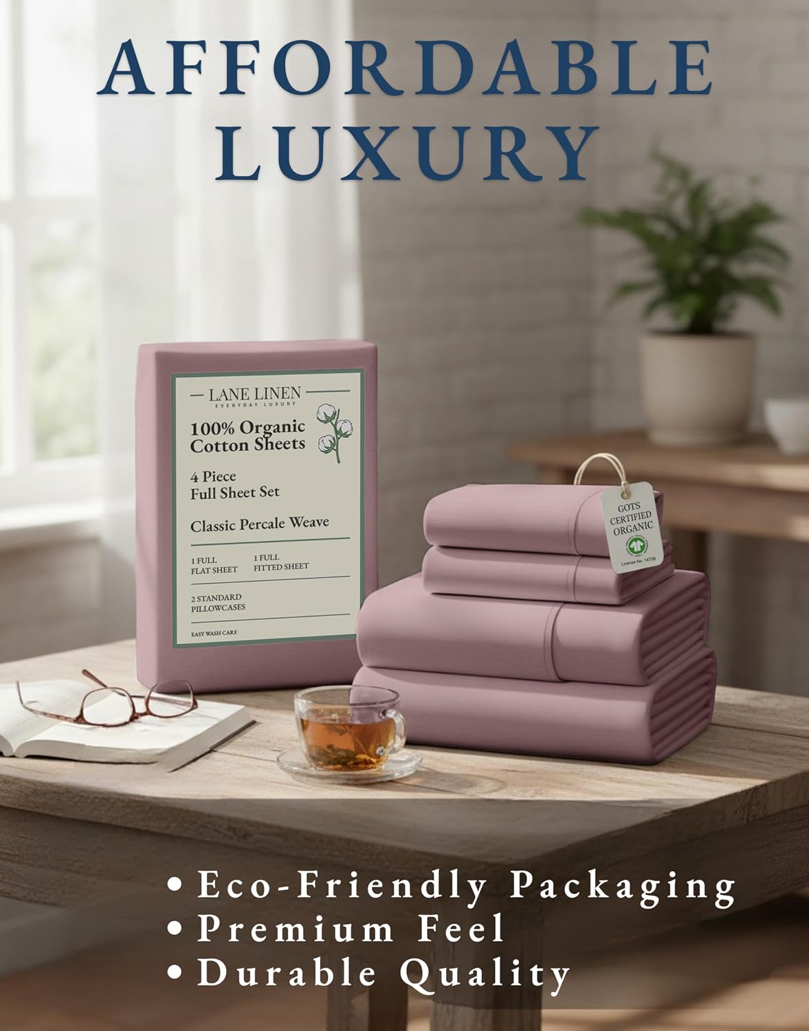 LANE LINEN California King Sheets 100% Organic Cotton 4pc Percale - White