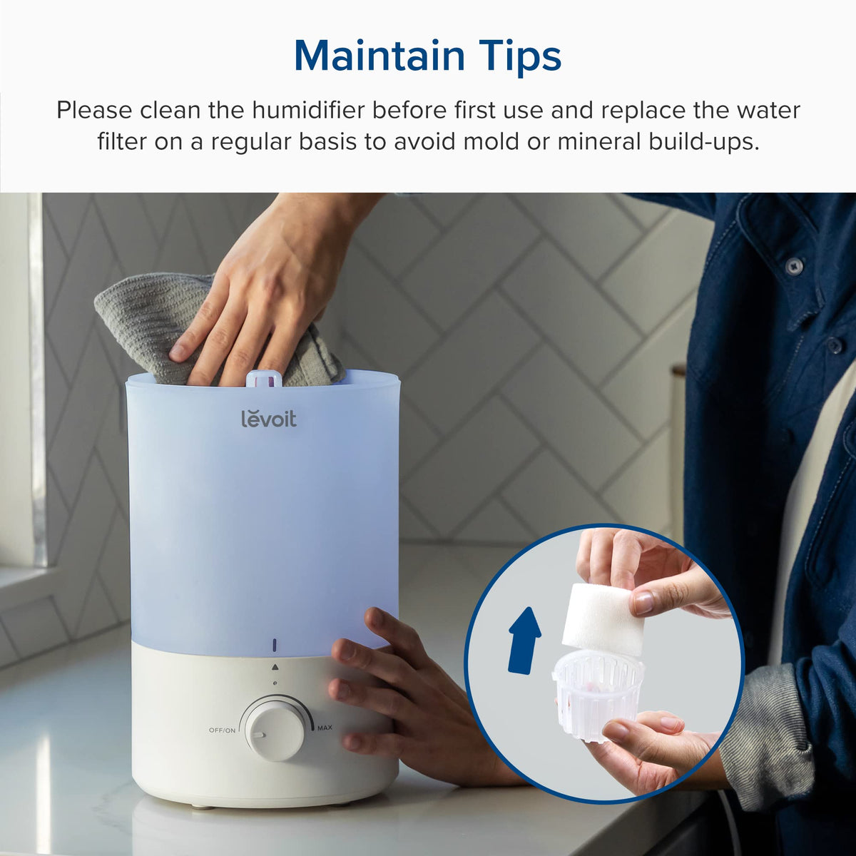 Levoit Humidifiers for Bedroom, Dishwasher Safe, Blue Light-Safe, 3.2L
