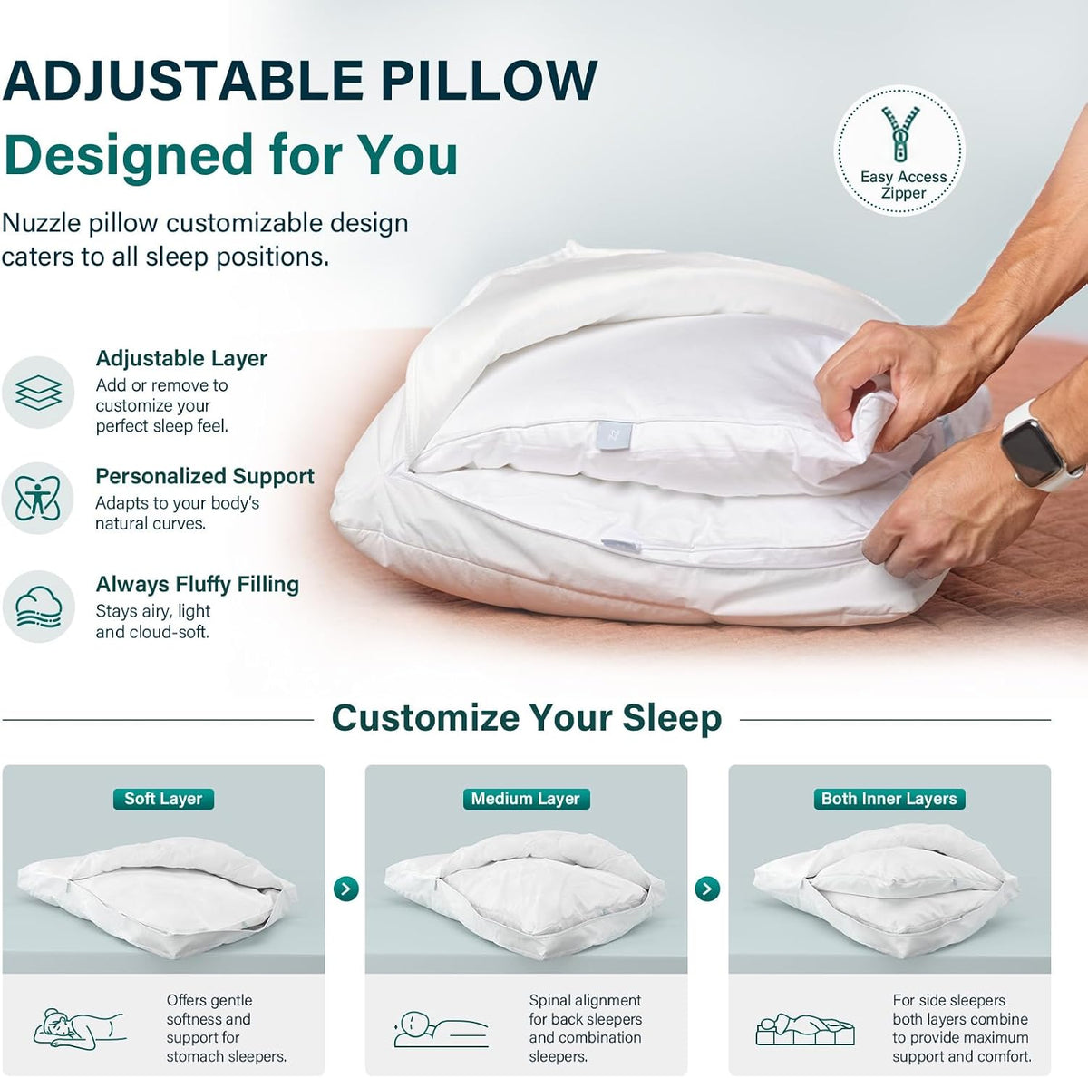Nuzzle Adjustable Neck Pillow King Size,Soft Luxury Hotel Feel