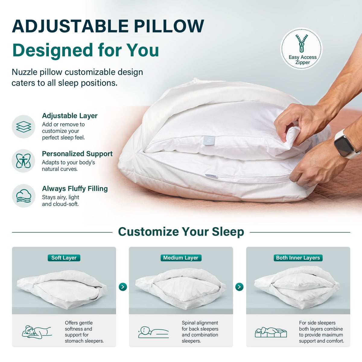 Nuzzle Adjustable Neck Pillow King Size,Soft Luxury Hotel Feel