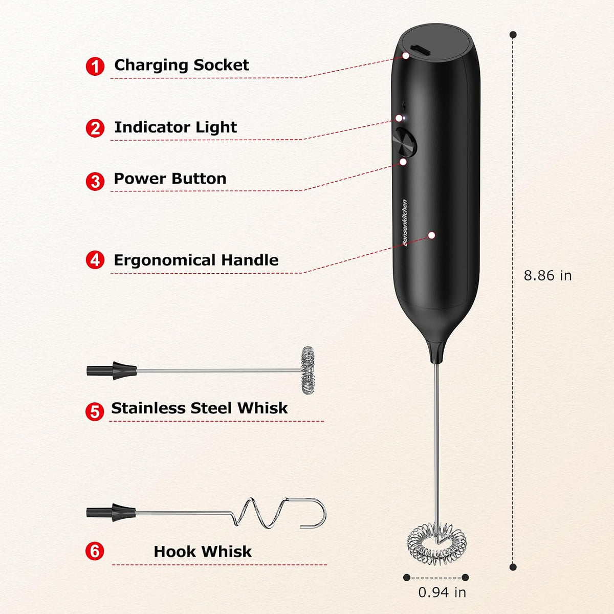 Bonsenkitchen Milk Frother for Coffee, Battery Operated, Black