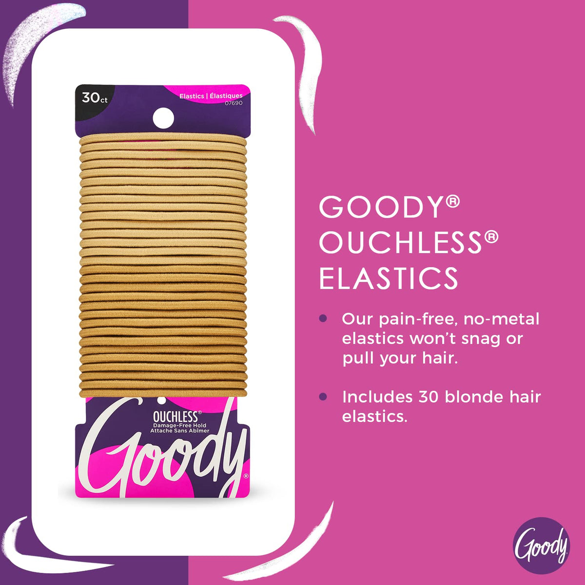 Goody Ouchless Elastic Hair Ties, 30 Ct, Brown, 4MM Rubber Bands, Pain-Free