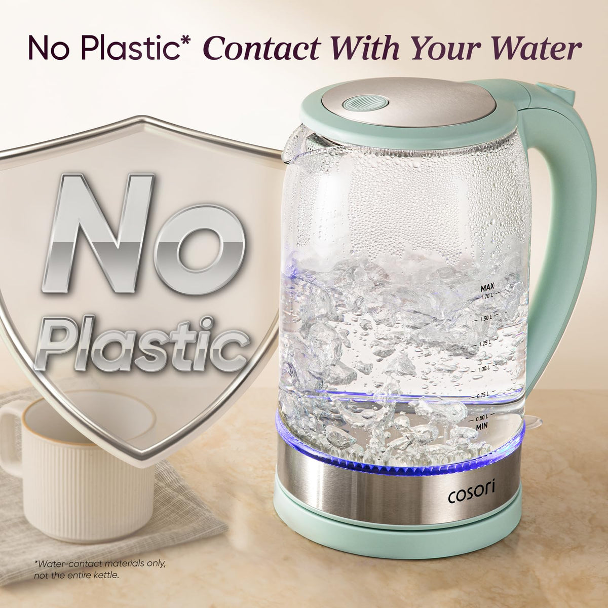 Cosori Electric Kettle, No Plastic Contact with Water, 1.7L, Black