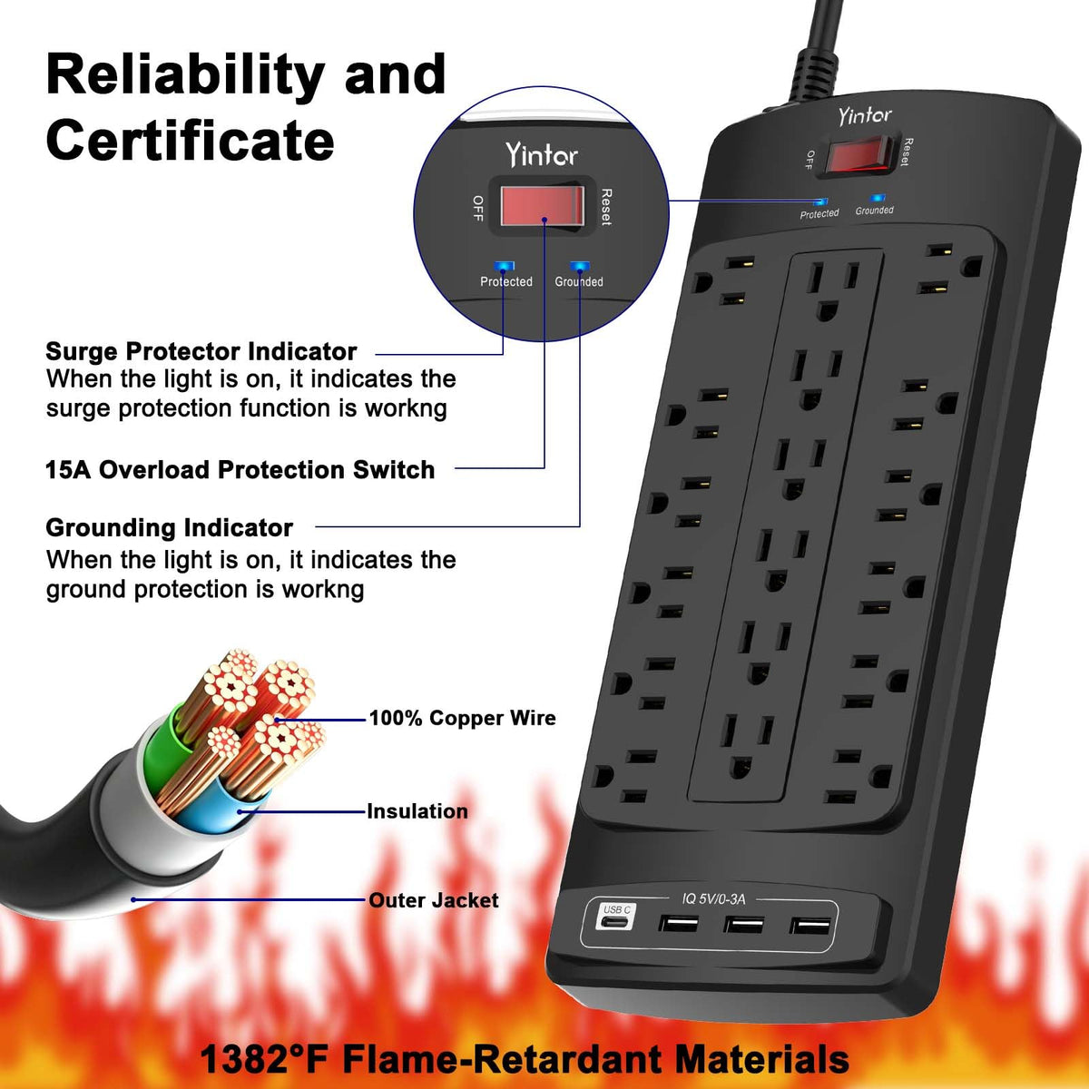 Yintar 6Ft Surge Protector Power Strip with 6 Outlets & 3 USB Ports, Black Father Jim Norris notebooks
