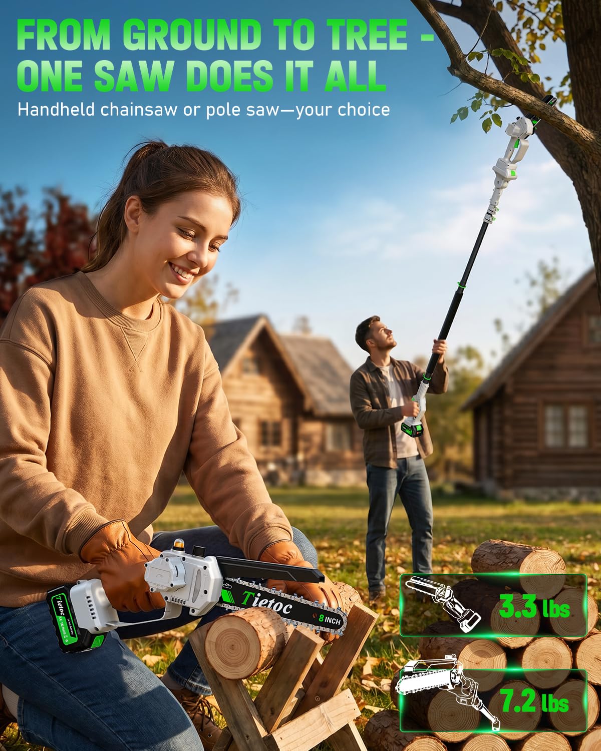 TIETOC 2-in-1 Brushless Pole Saw for Tree Trimming – 8" Mini Electric Chainsaw with 2×4000mAh Batteries, Auto Oiling, Tool-Free Adjustment,Cordless Battery Powered Saw for Home Garden Branch Cutting Father Jim Norris notebooks