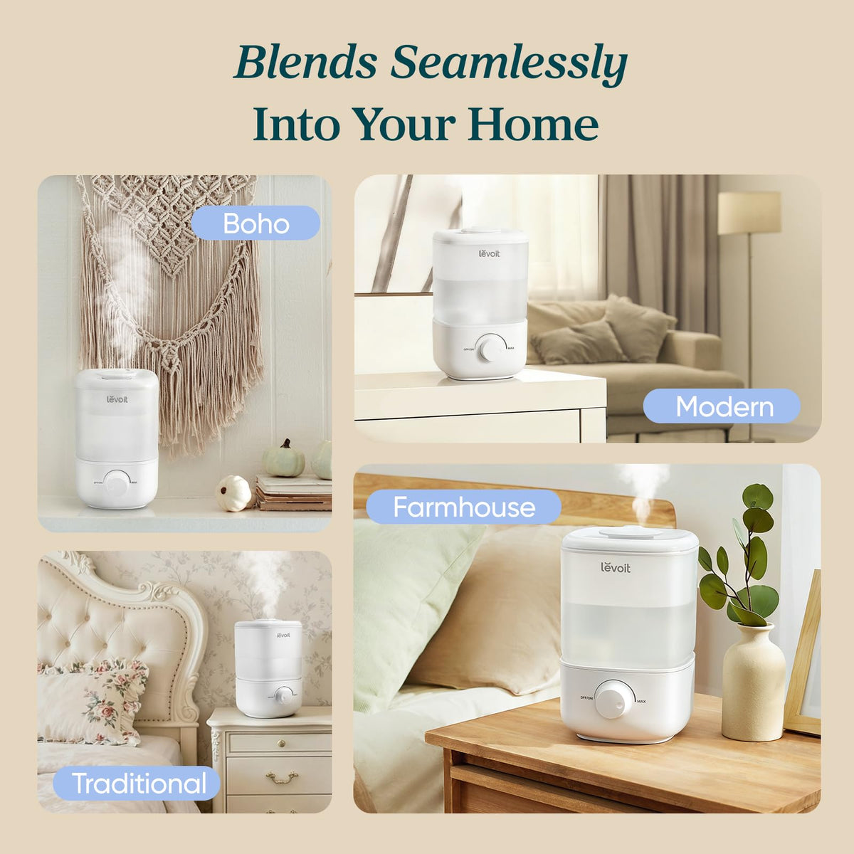 Levoit Humidifiers for Bedroom, Dishwasher Safe, Blue Light-Safe, 3.2L