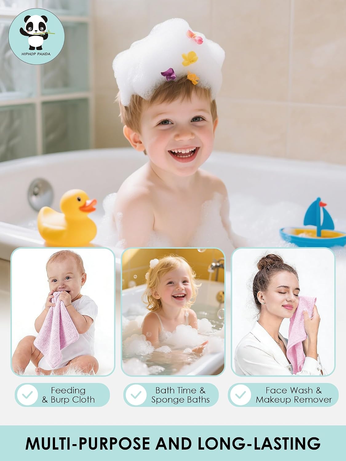 HIPHOP PANDA Ultra Soft Baby Washcloths, 2-Layer Absorbent Wash Cloths