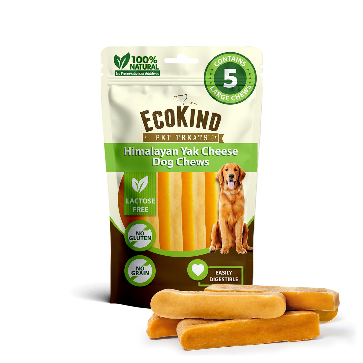 EcoKind Yak Cheese Himalayan Dog Chews, Yak Chews for Large Dogs, 4-5 Bones