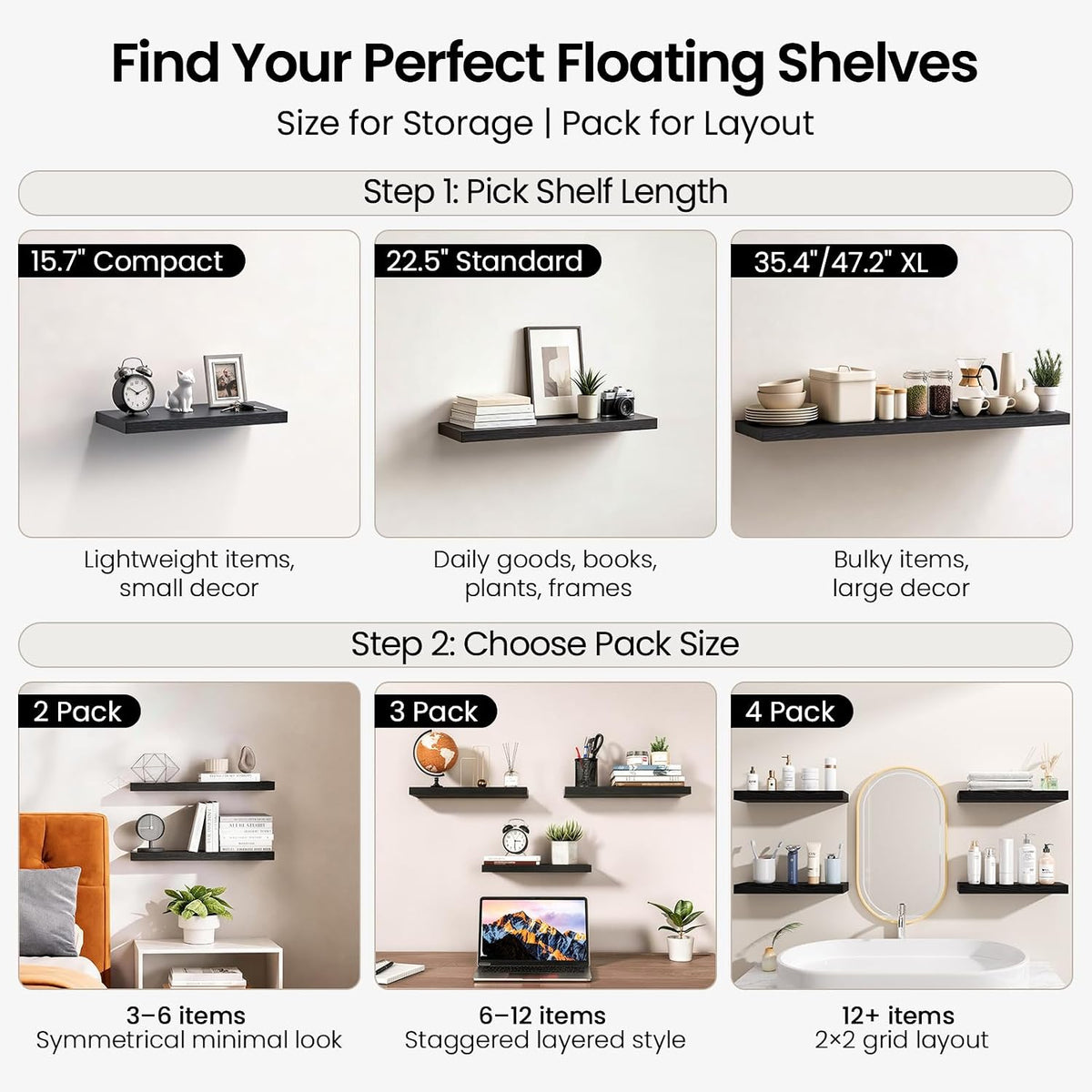 BAYKA Rustic Brown Bathroom Floating Shelves, 15.7in, 3Pk, Wall Mount Shelf